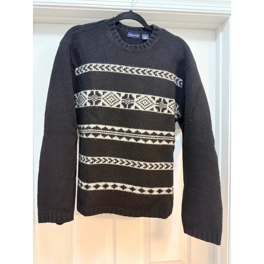 Structure Mens 100% Lambswool Fair Isle Crewneck Sweater Black Cream Vintage L
